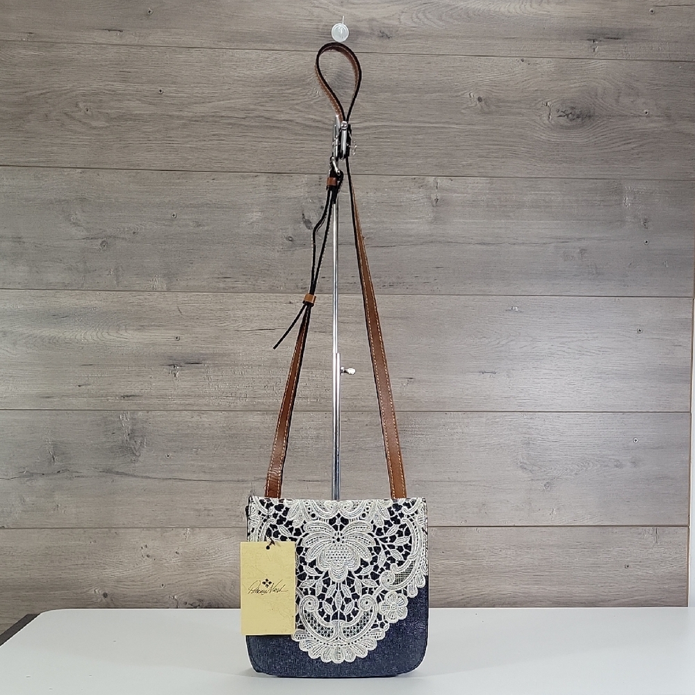 Patricia Nash Blue Leather w/ Lace Overlay Flap Front Crossbody Shoulder Bag NWT